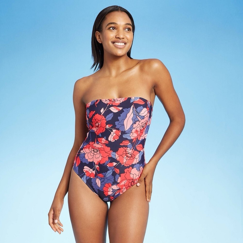 Kona Sol Women's Floral Print Pull-On Bandeau One Piece Swimsuit